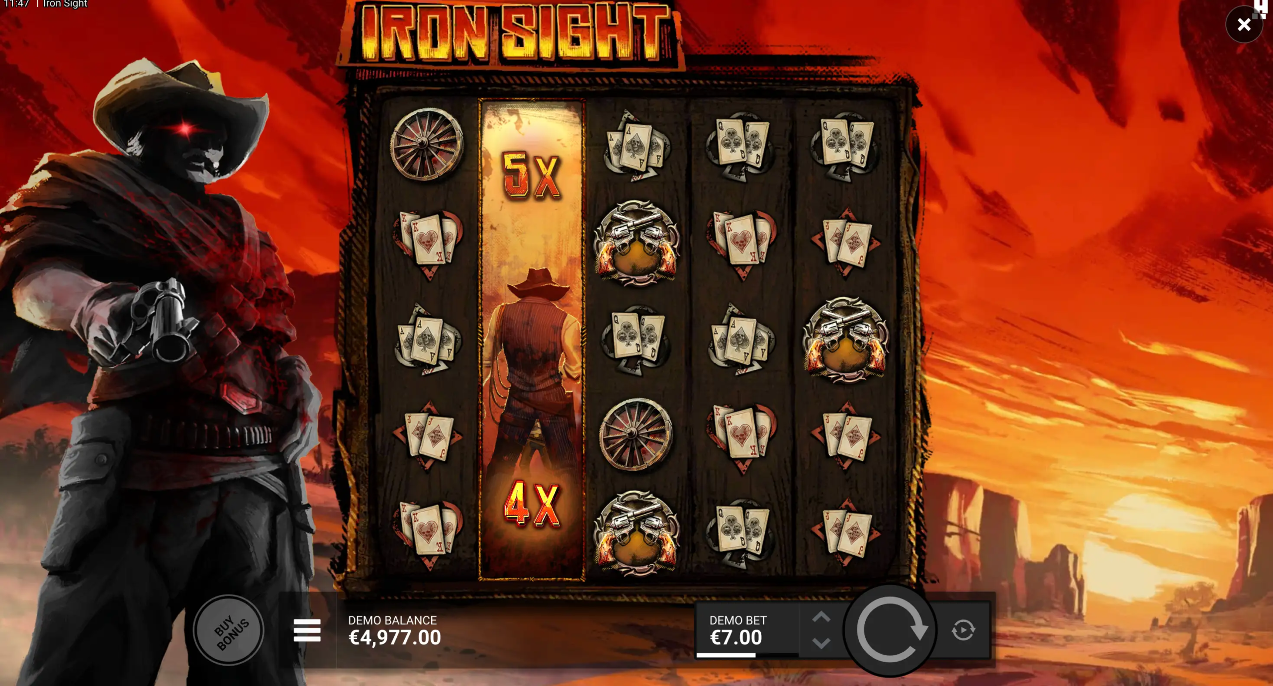 Iron Sight spilleautomat med western-tema, cowboy og multiplikatorer på 5x og 4x.