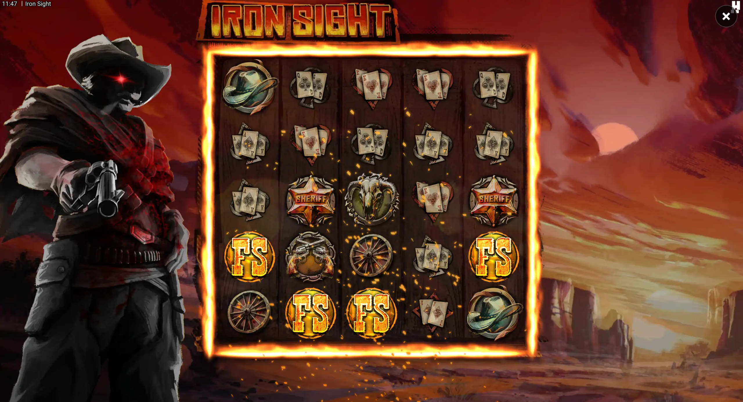 Iron Sight spilleautomat med western-tema, Free Spins-symboler og revolvermann.