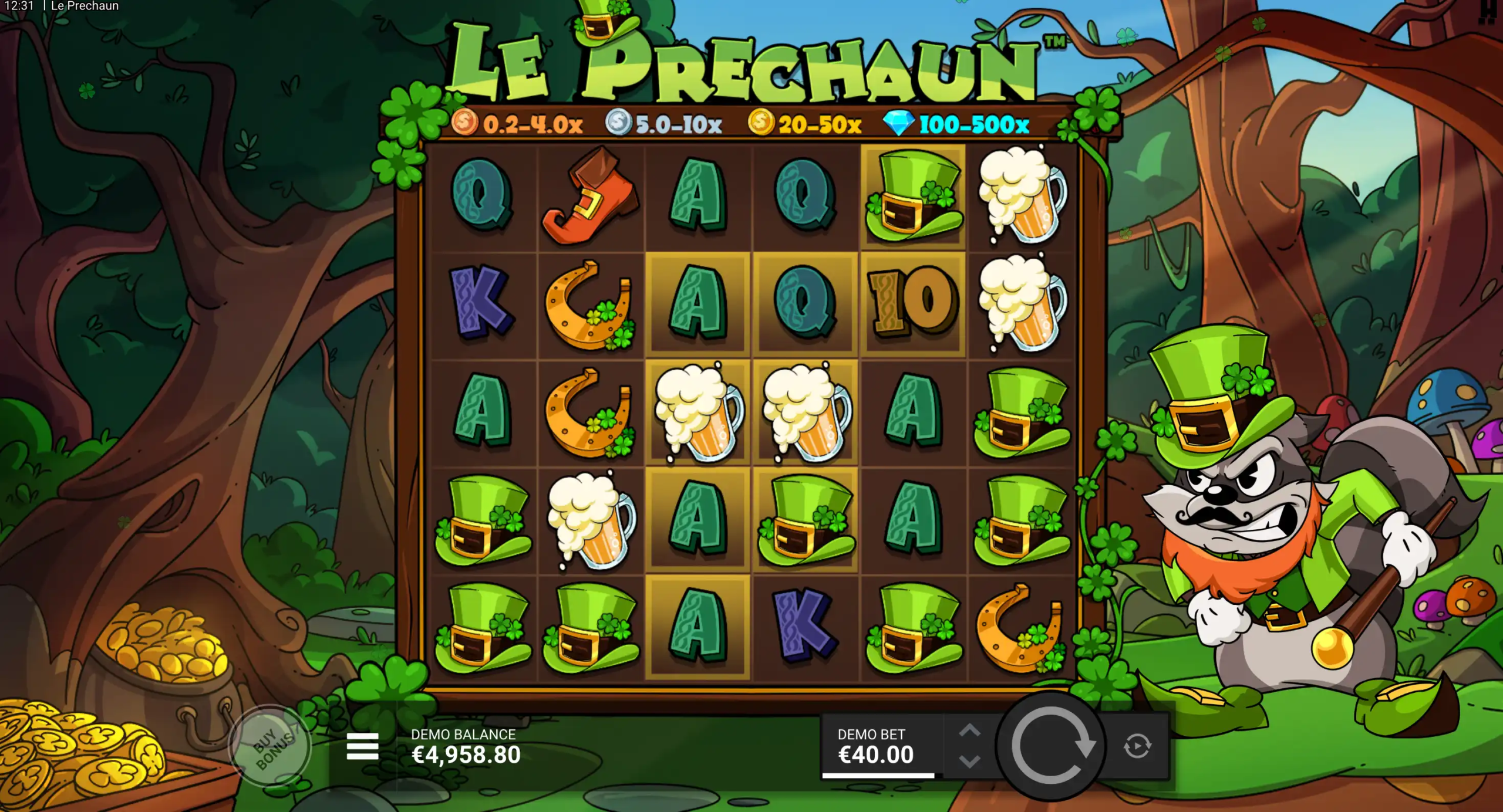 Le Prechaun-spilleautomat med hatter, øl, hestesko og irske symboler