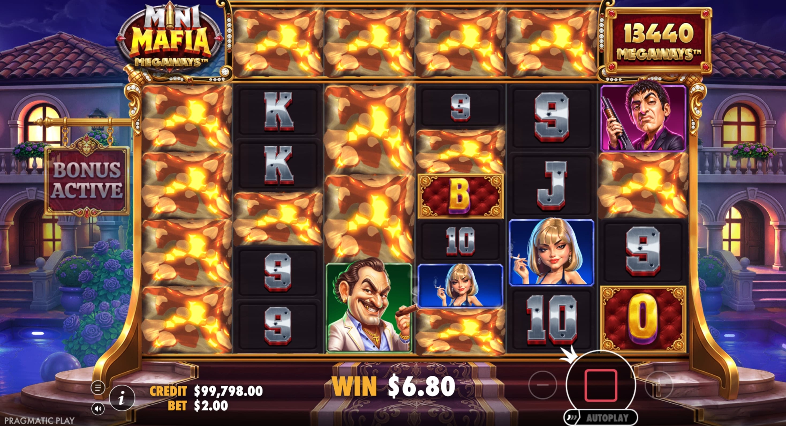 Mini Mafia Megaways med aktiv bonus, mafiasymboler og gevinst på $6,80