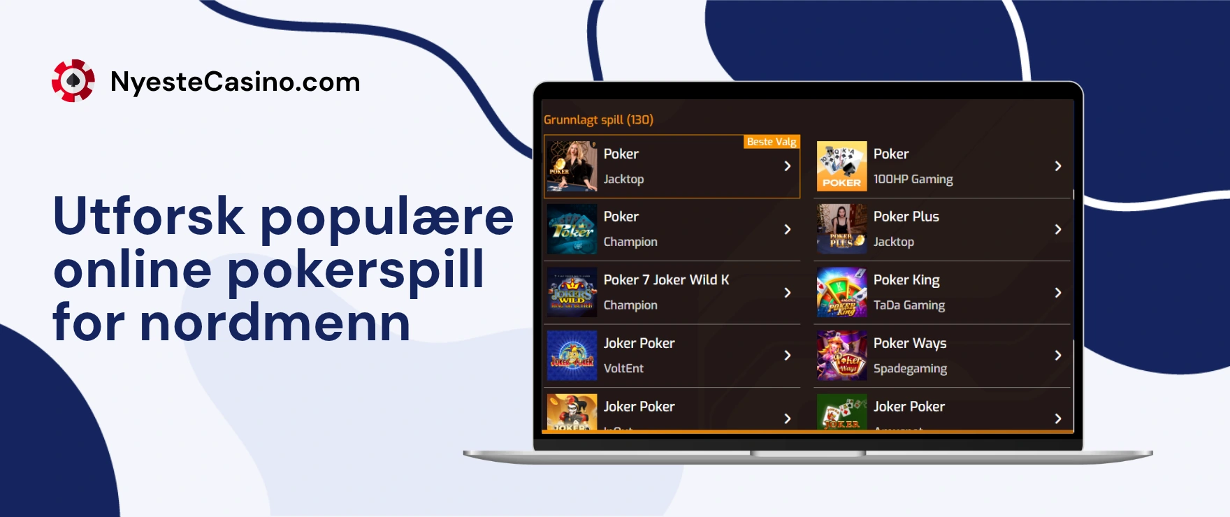 Skjerm som viser norske nettpokerspill med norsk bannertekst rundt.