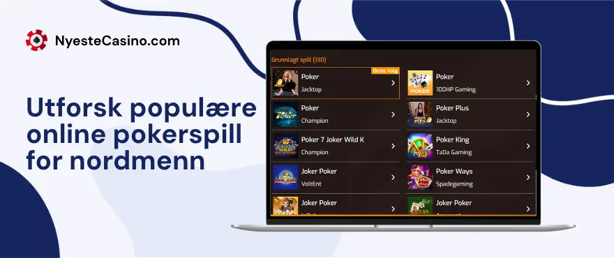 Skjerm som viser norske nettpokerspill med norsk bannertekst rundt.