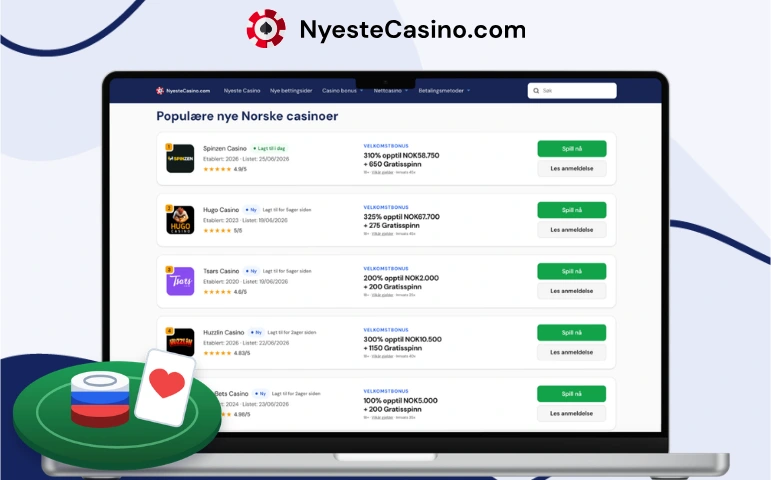 PC som viser en liste over populære norske nettcasinoer med sjetonger og spillkort.