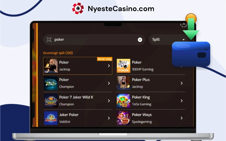 Skjerm som viser et søkbart pokerspillbibliotek ved siden av et kredittkortikon.