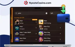 Skjerm som viser et søkbart pokerspillbibliotek ved siden av et kredittkortikon.