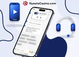 Mobiltelefonskjerm som viser kundesupport via live chat med grafikk på hodetelefoner.