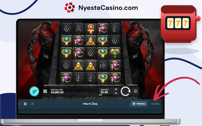 Skjermbilde som viser spilleautomaten Rage of Egypt med en pil som peker mot Fun Play-knappen.