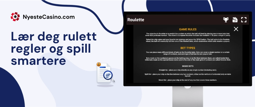 Et banner med teksten lær deg rulett regler og spill smartere.