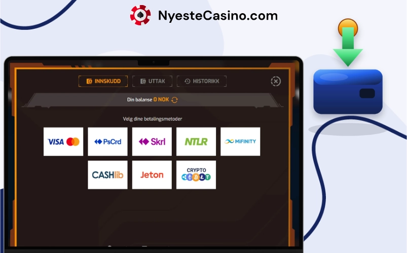 Betalingsmetoder tilgjengelig i Madame Mystique casino på laptop.