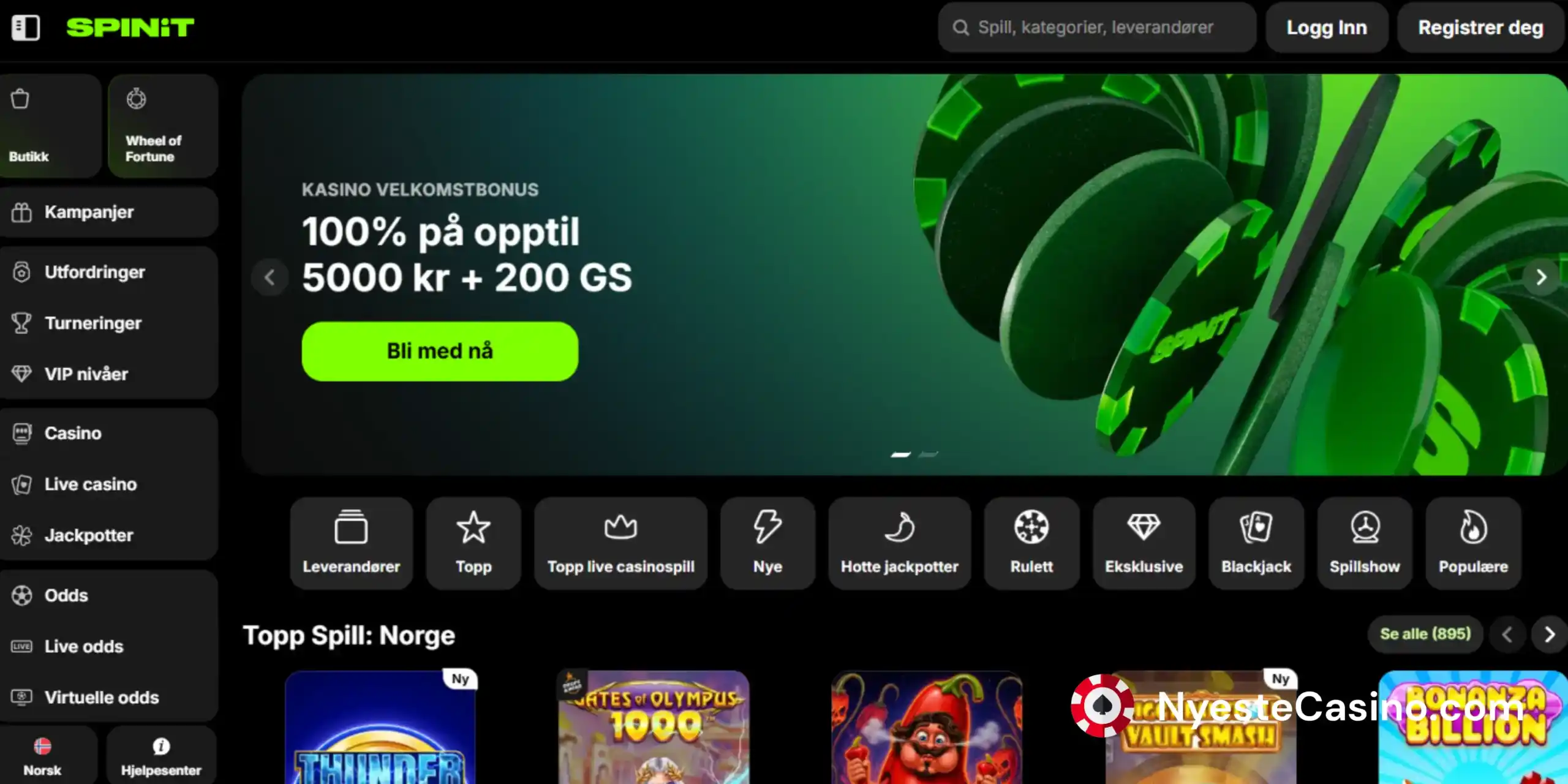 Hjemmesiden til Spinit Casino med et banner for velkomstbonusen.