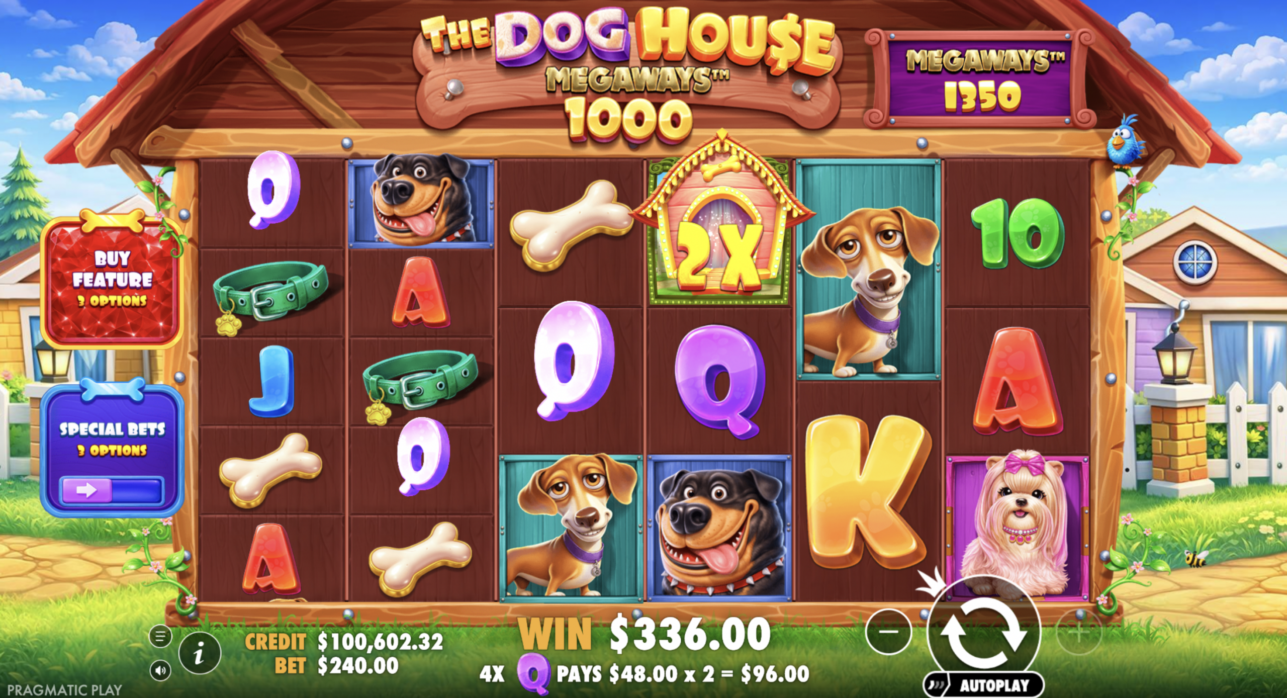 The Dog House Megaways med 2x-multiplikator, hundesymboler og gevinst på $336