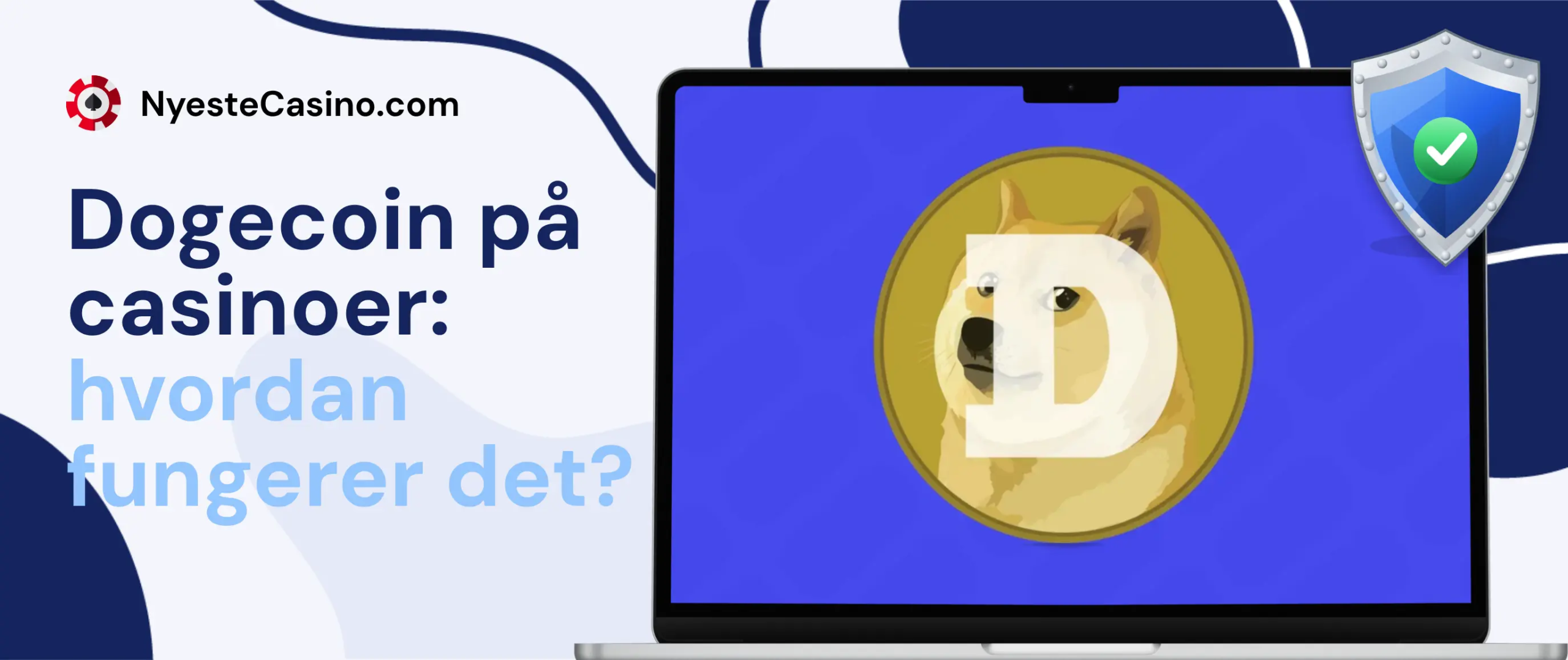 Dogecoin-logo på en bærbar datamaskin med et sikkerhetssymbol.