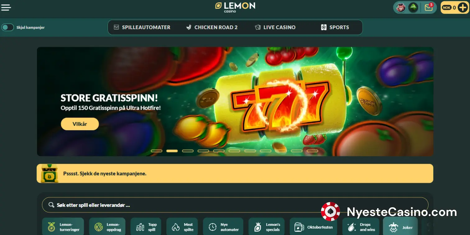 Casinohjemside med kampanjebanner og spillkategorier.