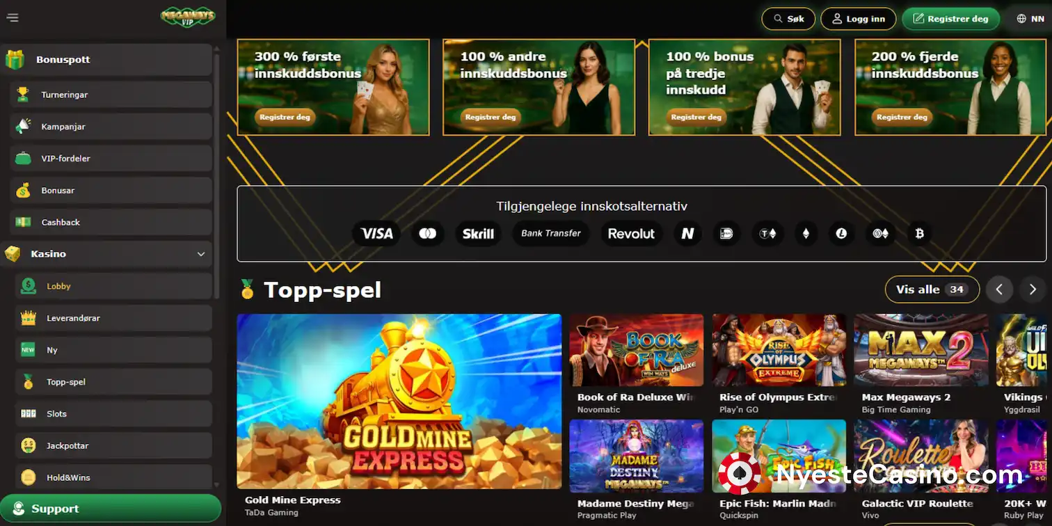 Hovedside for MegawaysVIP Casino med velkomstbonuser og toppspill.