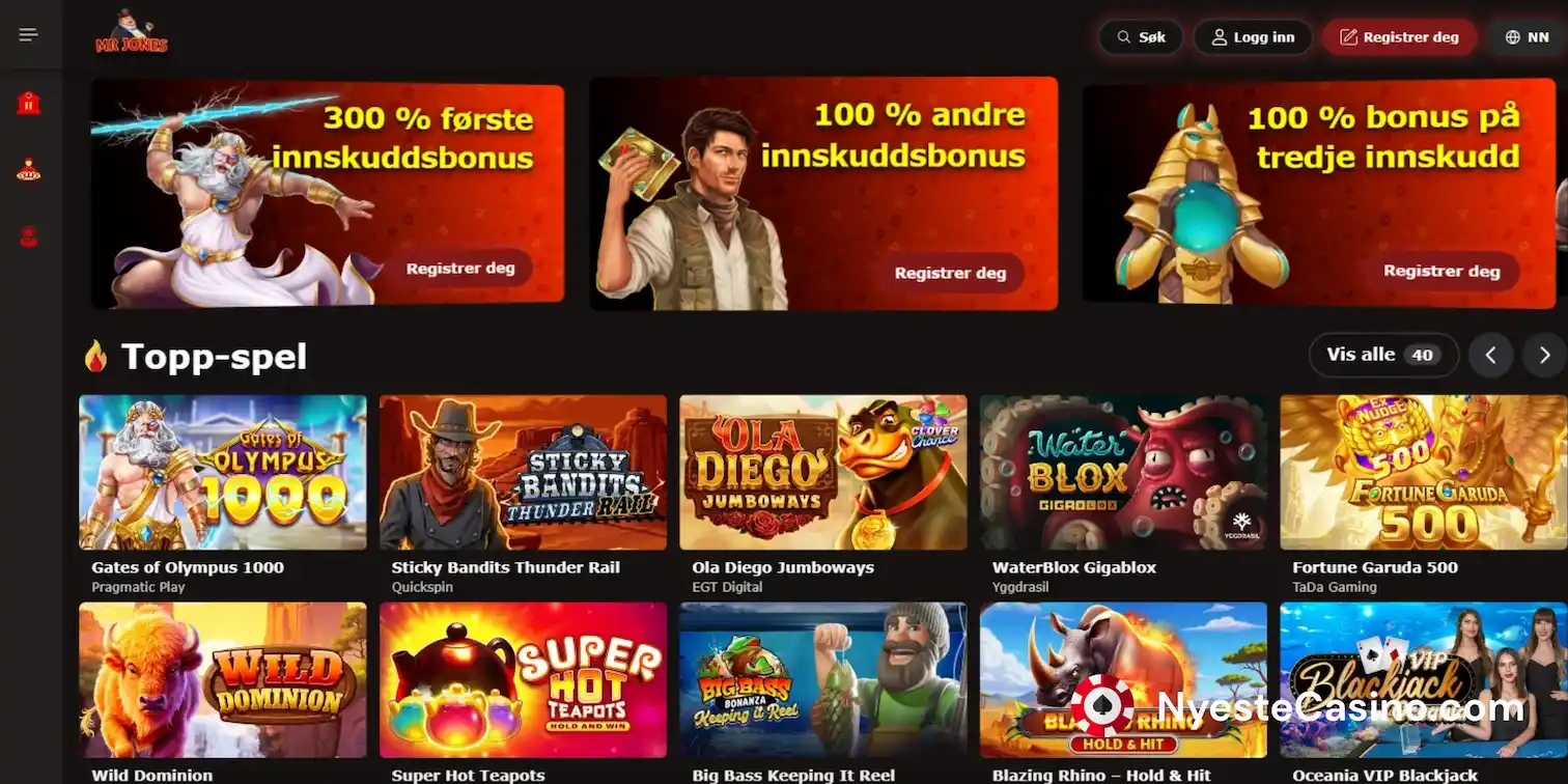 Hovedside for MrJones Casino med velkomstbonuser og toppspill.