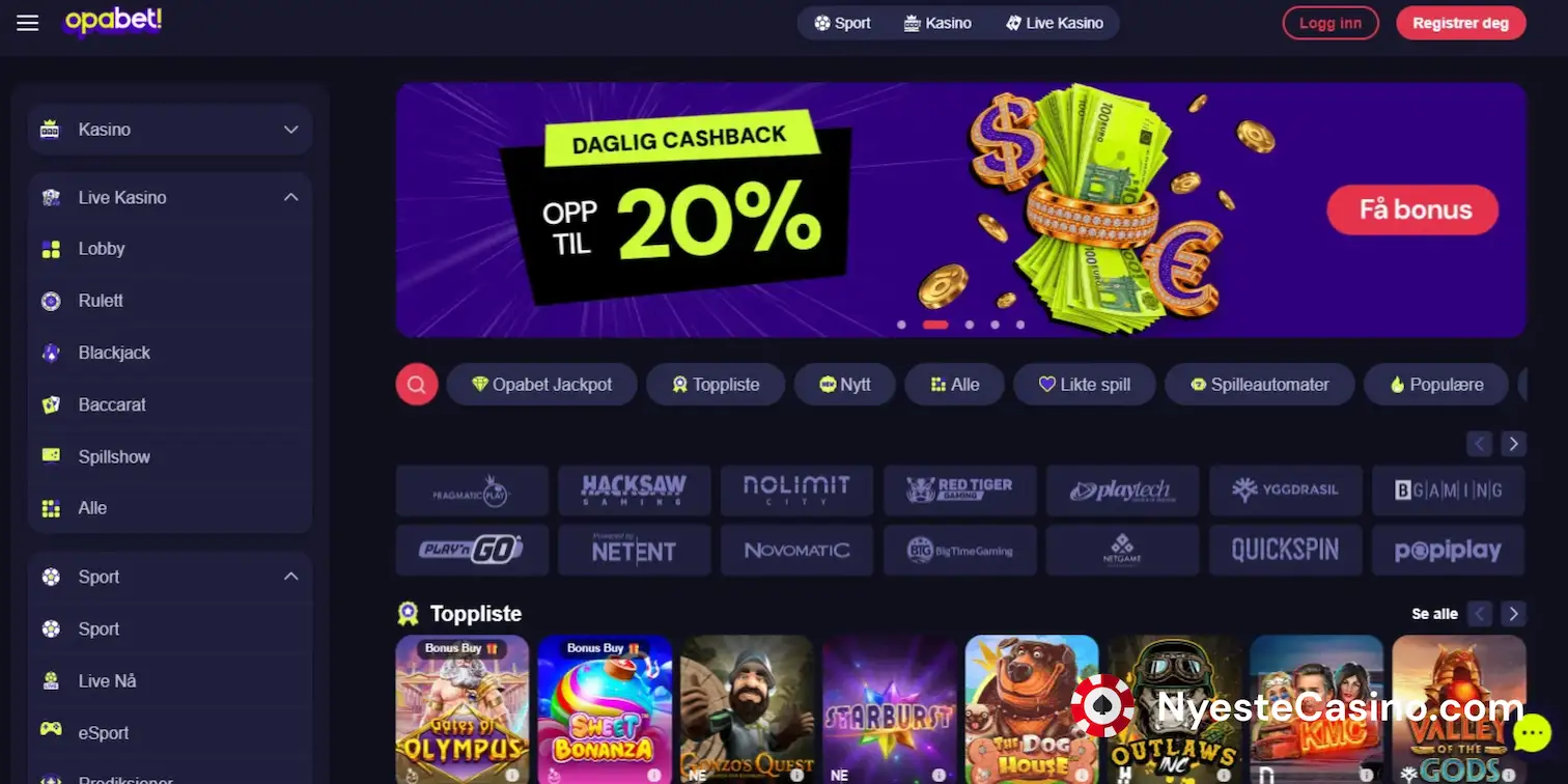 Forsideskjerm hos Opabet Casino med daglig cashback-banner og populære spilleautomater.