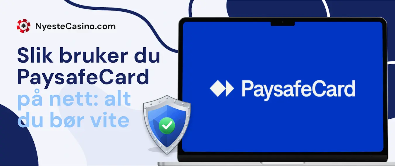 Banner om PaysafeCard med tekst om grenser, gebyrer og bruk, samt mobil og mynter.