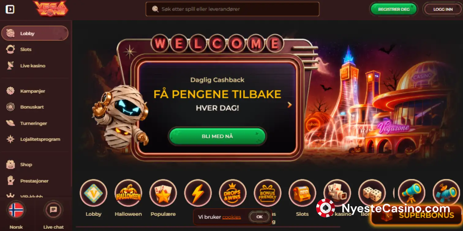 Vegazone Casinos hovedside med dagligt cashback-tilbud.