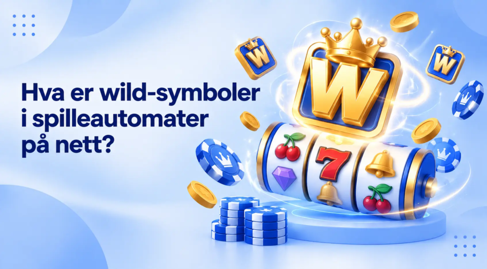 Banner med wild-symbol, spilleautomat-hjul og mynter.