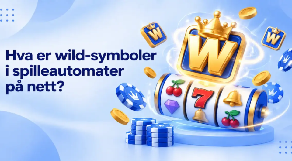 Banner med wild-symbol, spilleautomat-hjul og mynter.
