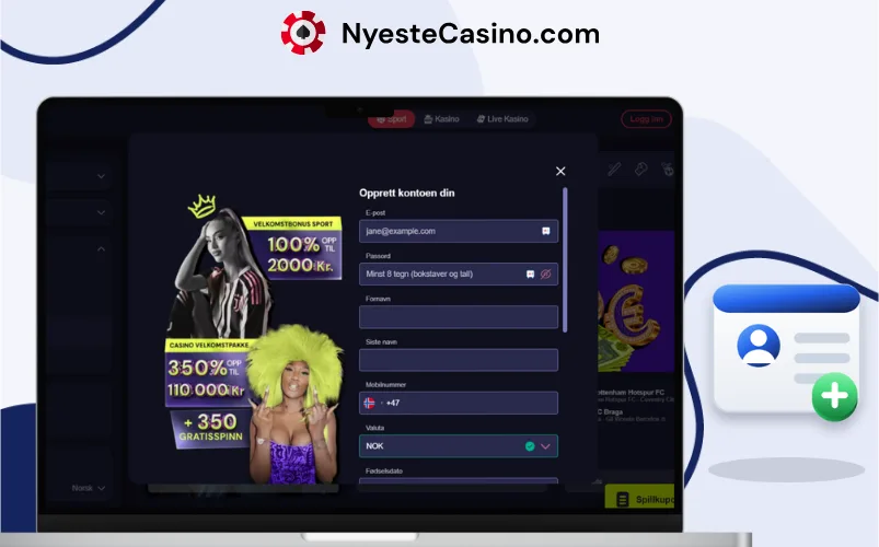 egistreringsskjema for Opabet Casino på bærbar PC.