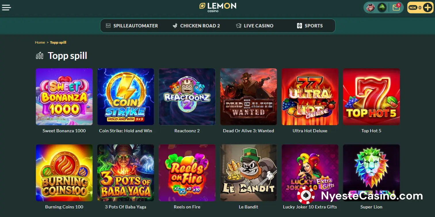 Spillbibliotek med populære spill vist i Lemon Casino-grensesnittet.