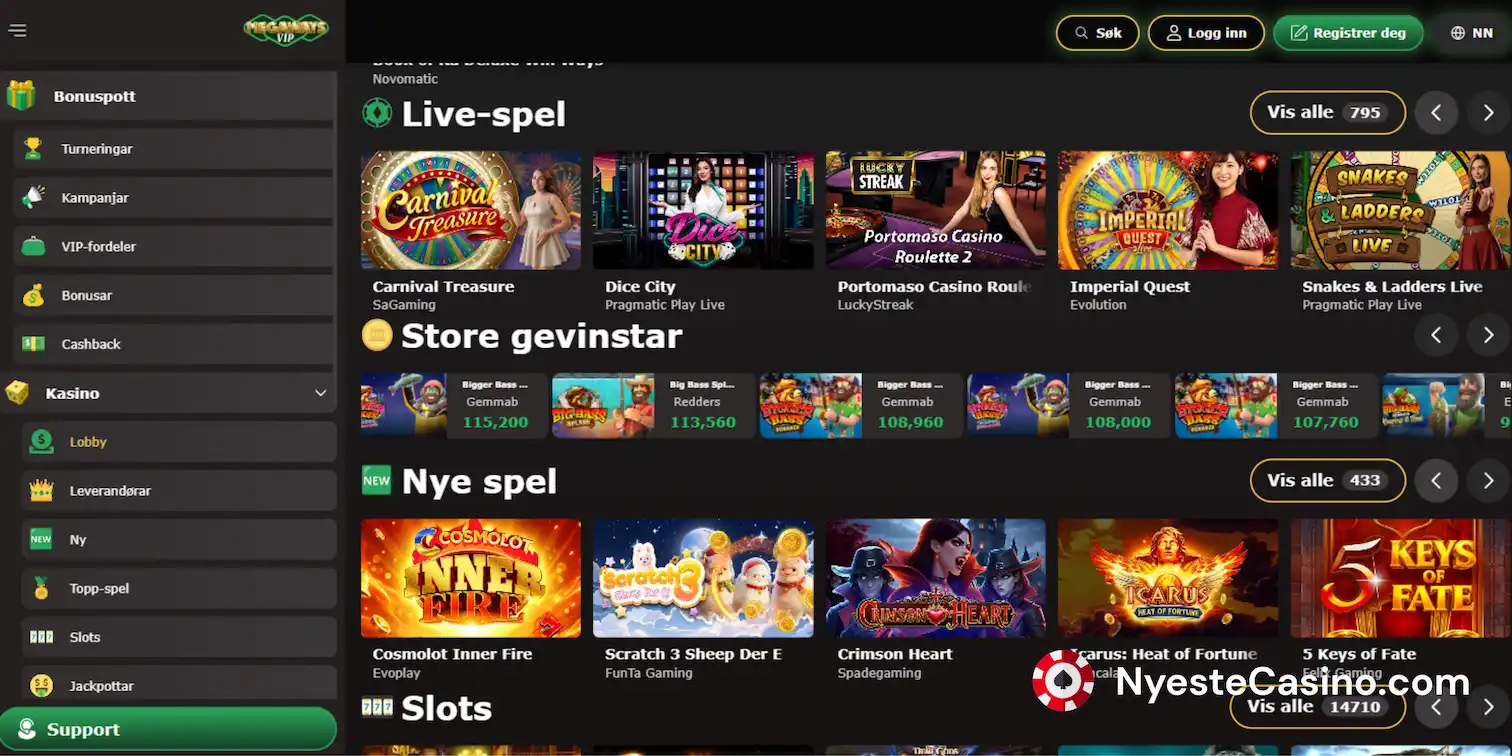 Spillobby hos MegawaysVIP Casino med live-spill og nye automater.