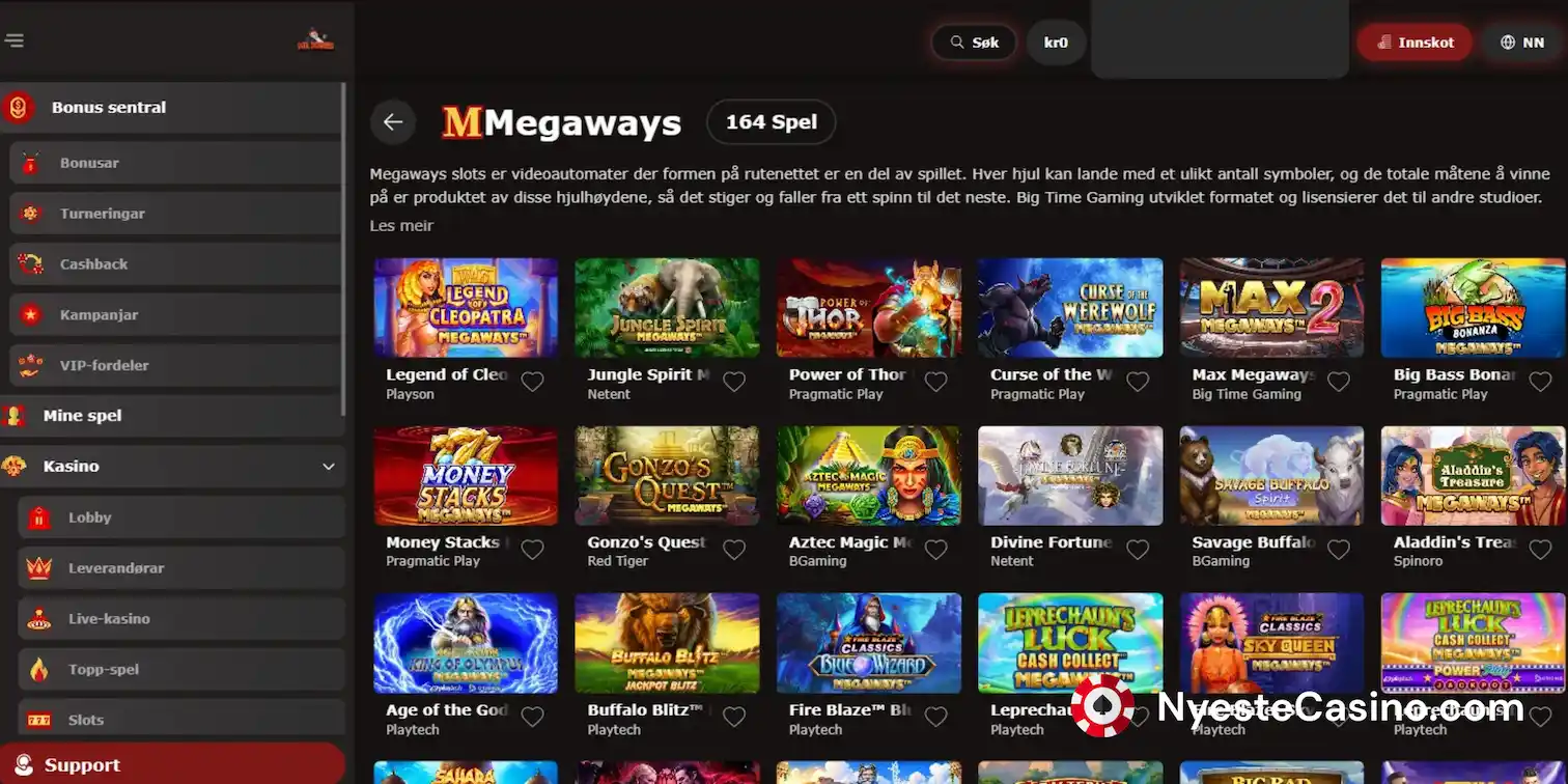 Megaways-spillutvalg hos MrJones Casino.