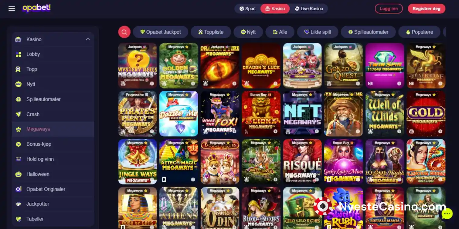 Oversikt over Megaways-spilleautomater i casino-lobbyen til Opabet.