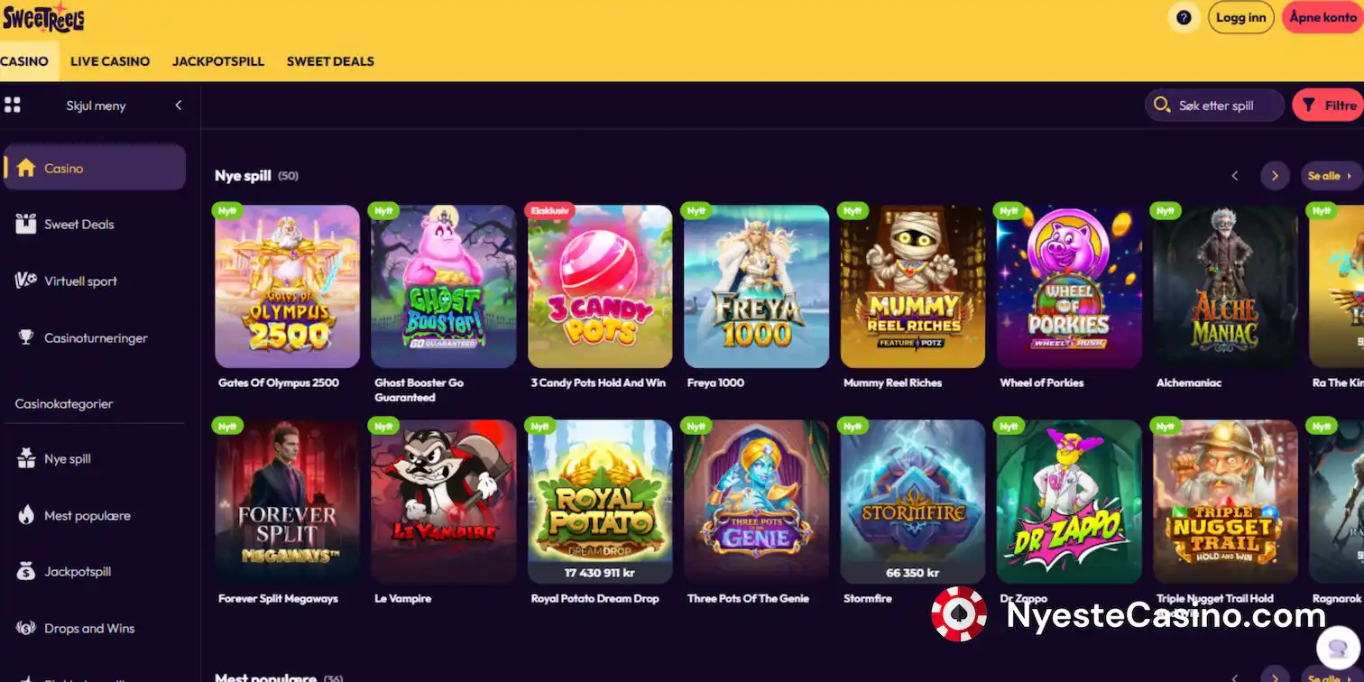 Oversikt over nye casinospill med ulike fargerike spillikoner og titler.