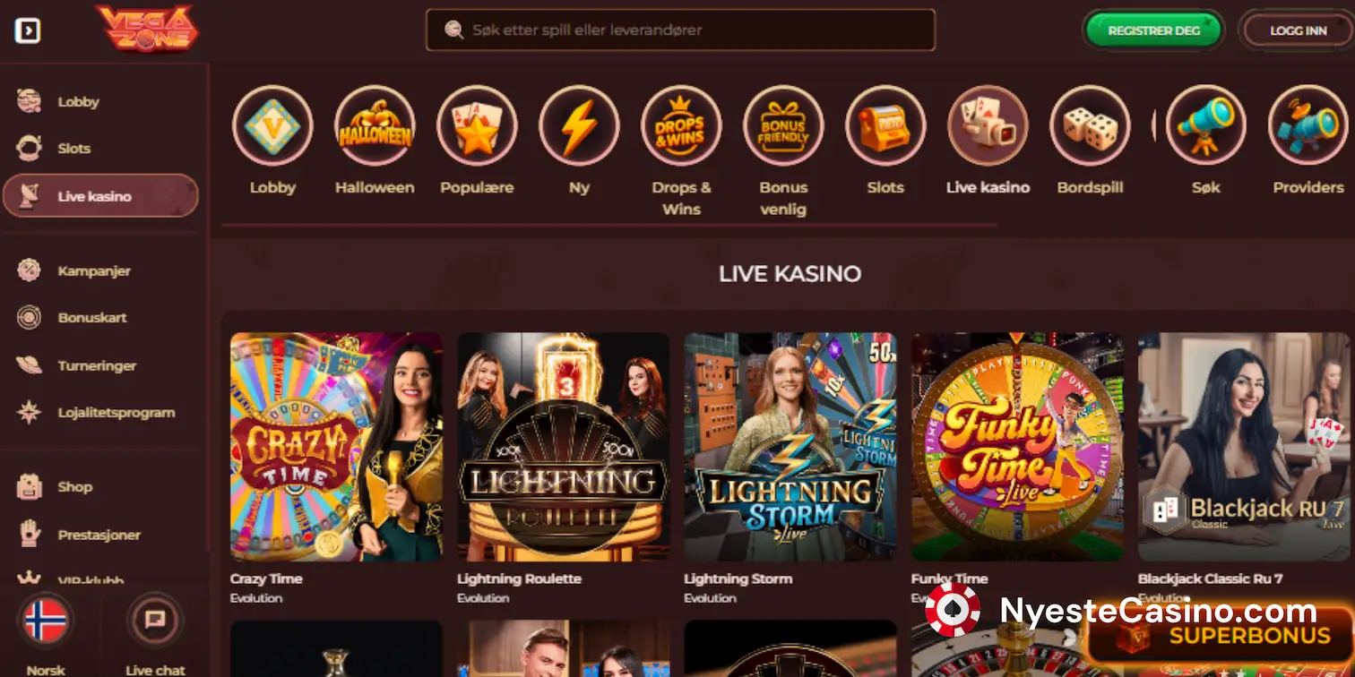Live casino-lobby hos Vegazone med populære bordspill.