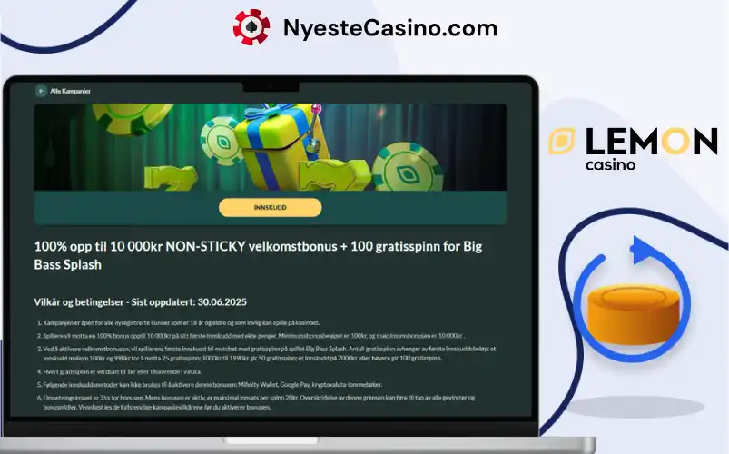 Lemon Casino-bonusvilkår vist på dataskjerm med gavegrafikk.