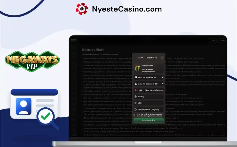 Registreringsskjema for MegawaysVIP Casino på bærbar PC.