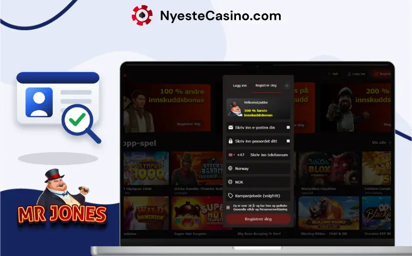Registreringsskjema for MrJones Casino på bærbar PC.