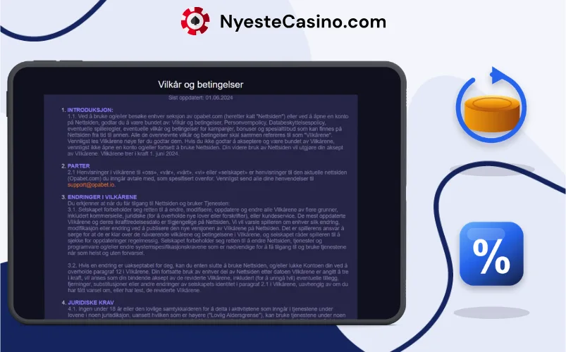 Vilkår og betingelser for Opabet Casino på nettbrett.