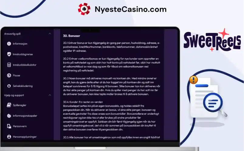 Skrivebordsside med oversikt over bonusregler og vilkår hos SweetReels.