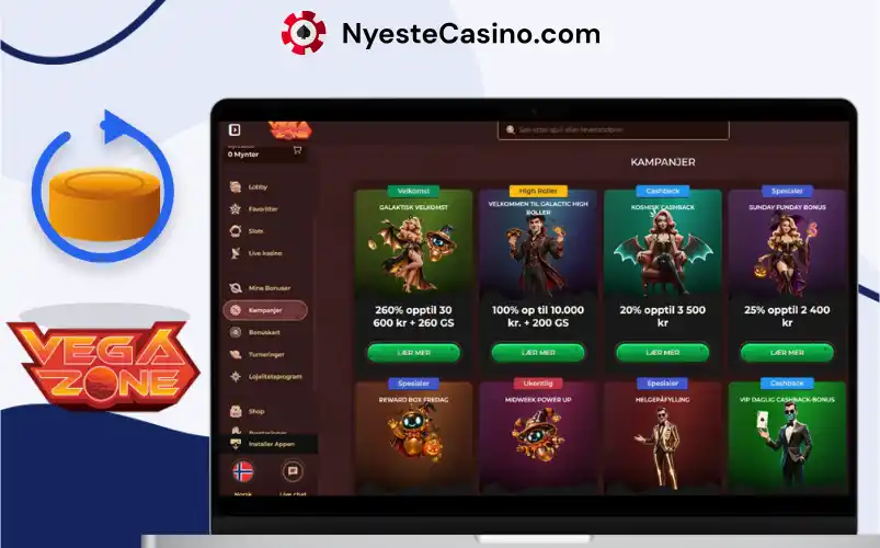 Oversikt over kampanjer og bonustilbud hos Vegazone Casino.