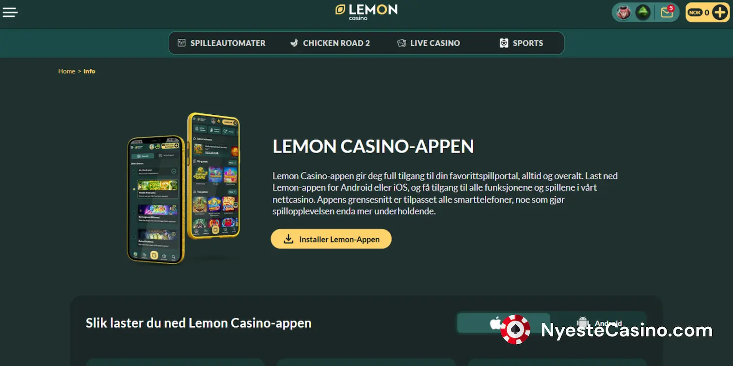 Lemon Casino-appen vises på mobilskjermer.