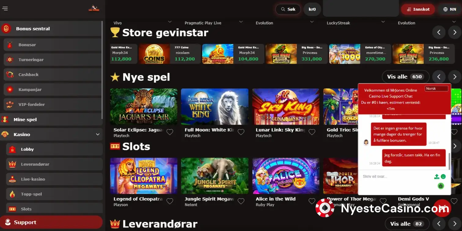 Spillobby hos MrJones Casino med live support-chat.