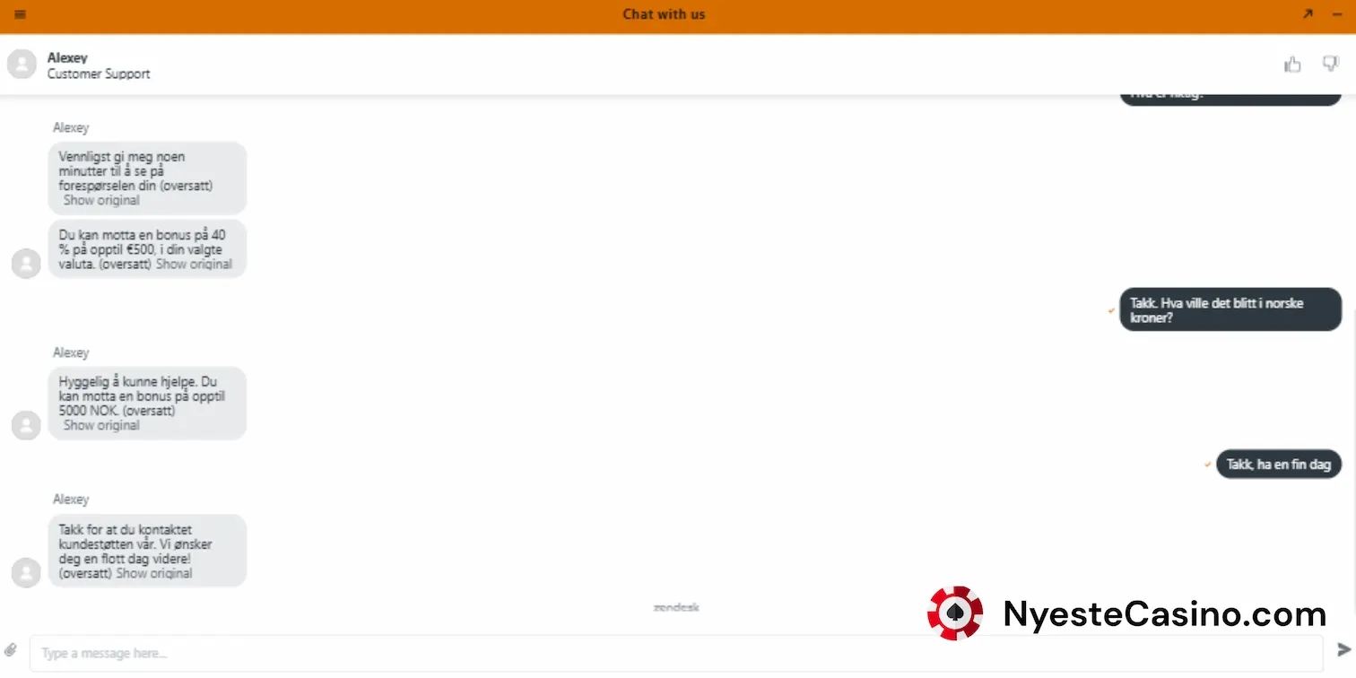 Kundesupport live chat hos Vegazone Casino på norsk.
