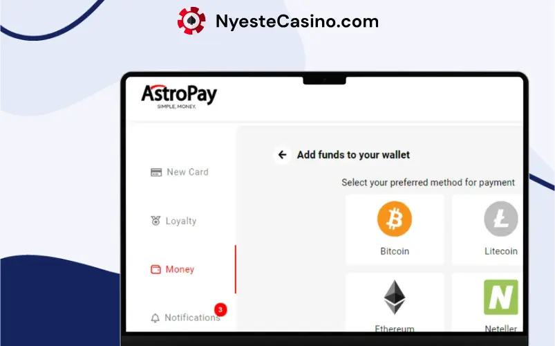 AstroPay-hovedskjerm på en bærbar PC.