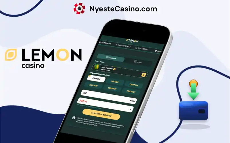 Mobilskjerm med innskuddsvalg og betalingsikon i casinoappen.