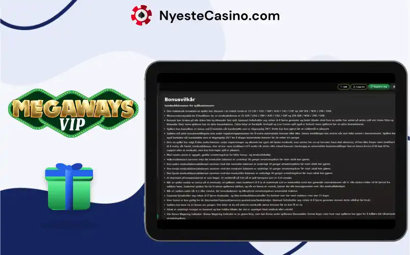 Bonusvilkår for MegawaysVIP Casino vist på et nettbrett.