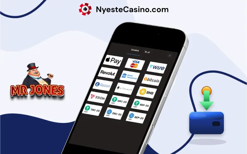 Innskuddsmetoder for MrJones Casino på mobil.