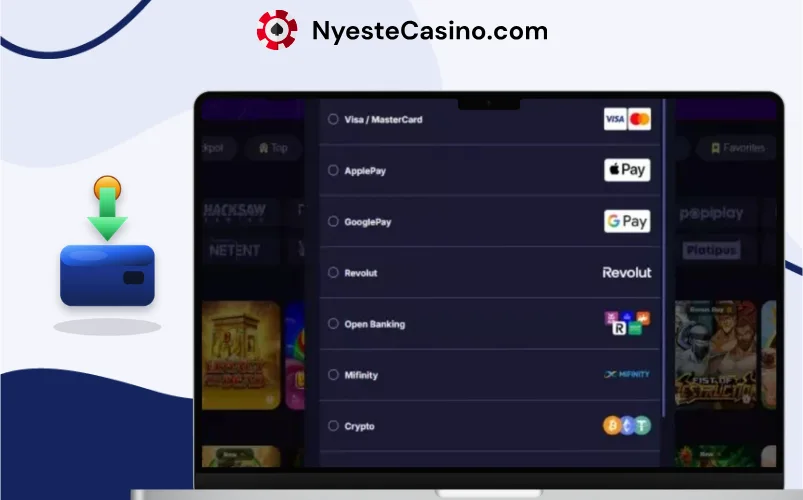 Oversikt over innskuddsmetoder hos Opabet Casino på bærbar PC.