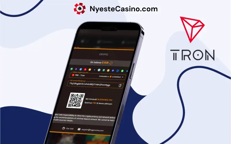 Tron-kryptoinnskudd med QR-kode og wallet-adresse.