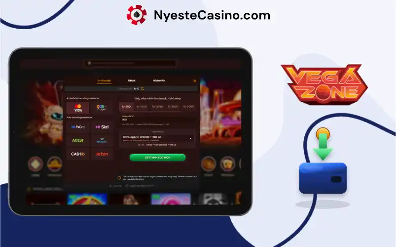 Innskuddsside med betalingsmetoder hos Vegazone Casino på nettbrett.