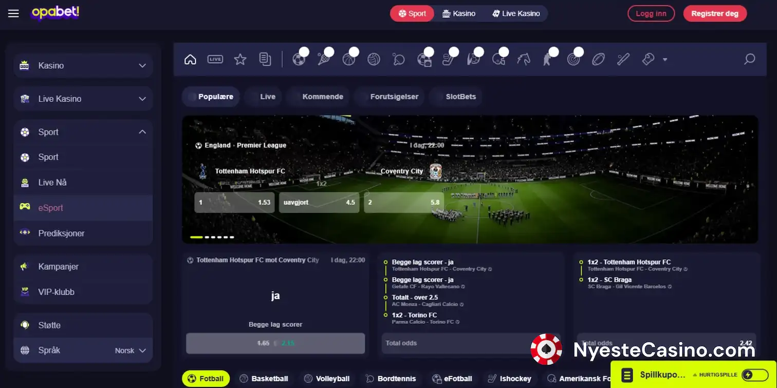 Odds og tipping på fotballkamper i oddsseksjonen hos Opabet.