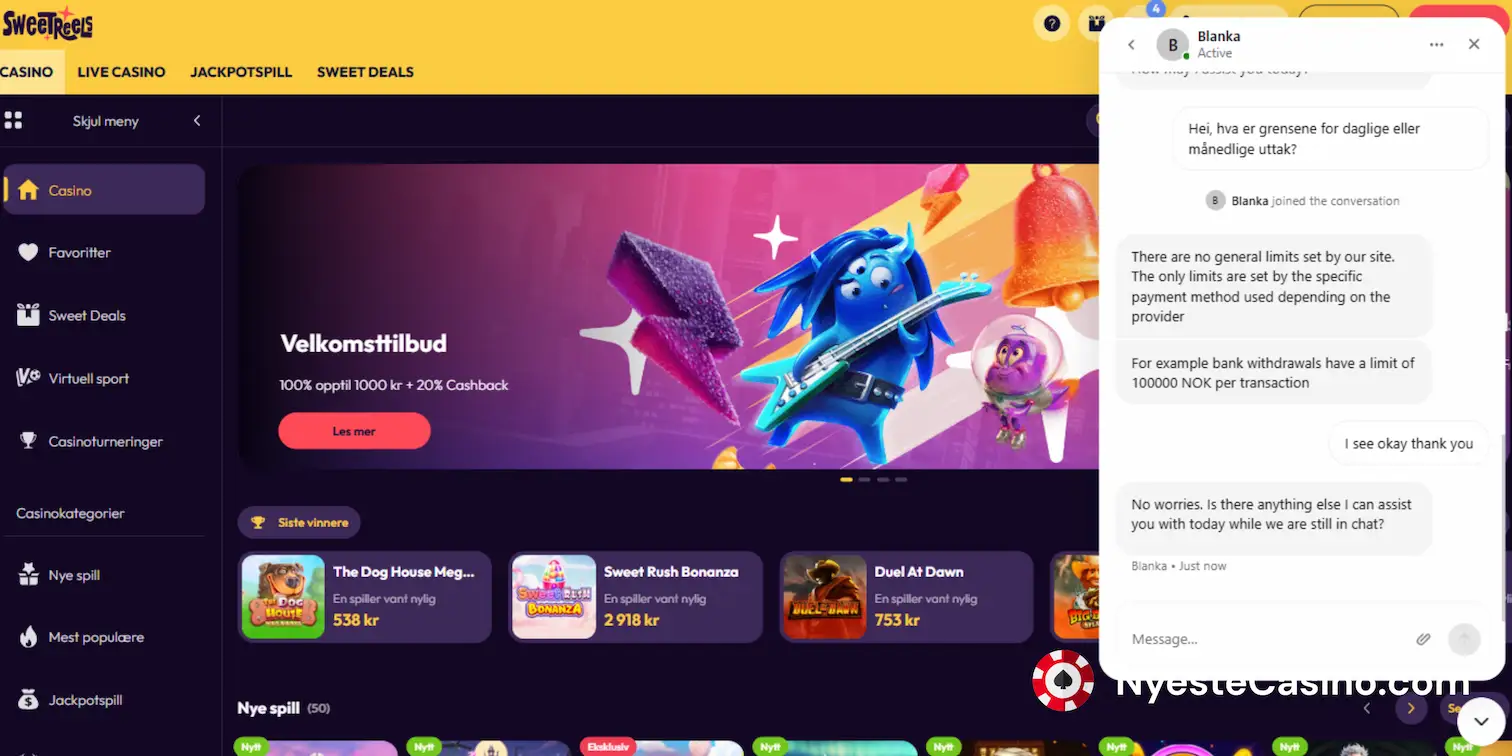 SweetReels casino med bonusbanner, spilloversikt og kundestøtte i chatvindu.