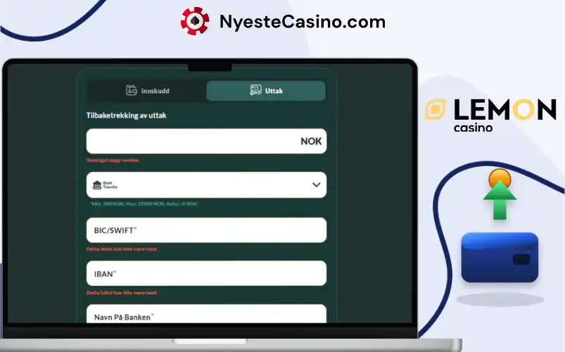 Laptop som viser uttaksformular med bankinformasjon i Lemon Casino.